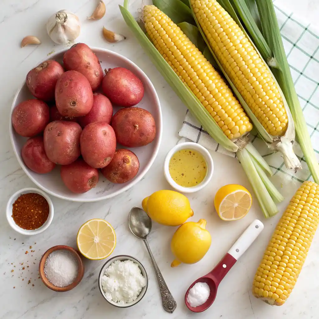 A flat lay of fresh ingredients including red potatoes, corn, lemons, garlic, and various spices for a Cajun Seafood Boil.