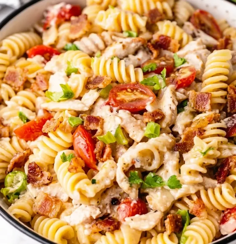 A vibrant, fully assembled Chicken Bacon Ranch Pasta Salad tossed in a creamy dressing with rotini noodles, juicy cherry tomato halves, shredded chicken, bacon pieces, and fresh parsley.