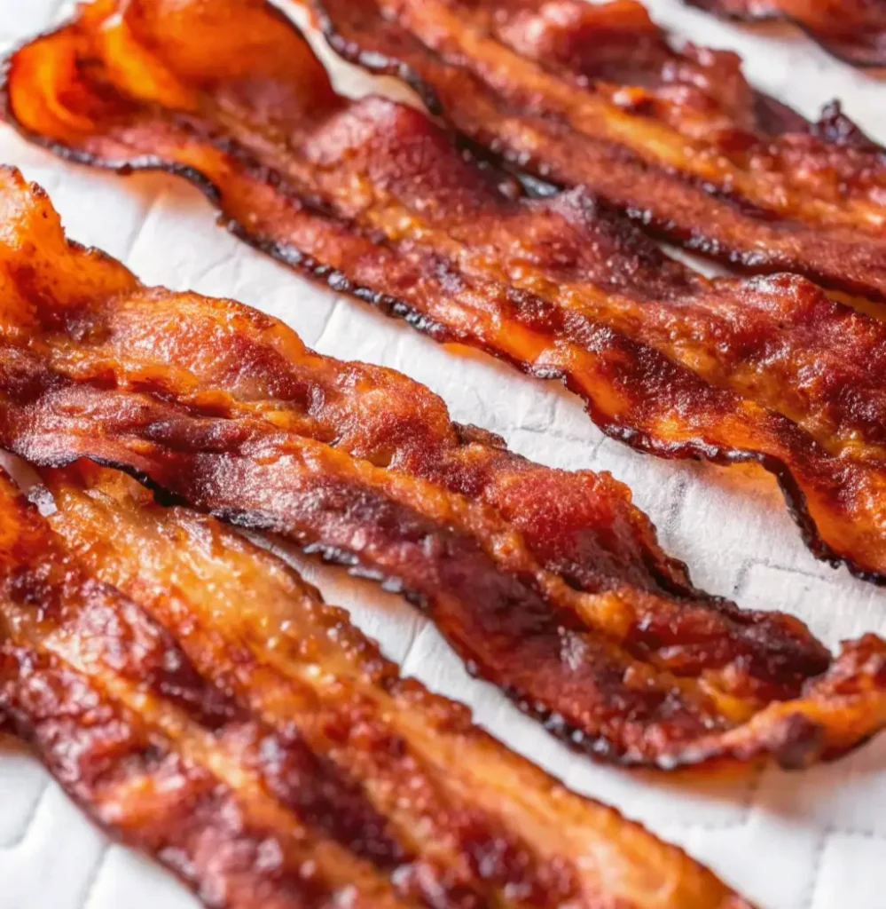 Crispy, golden-brown strips of fried bacon drain on a white paper towel. 