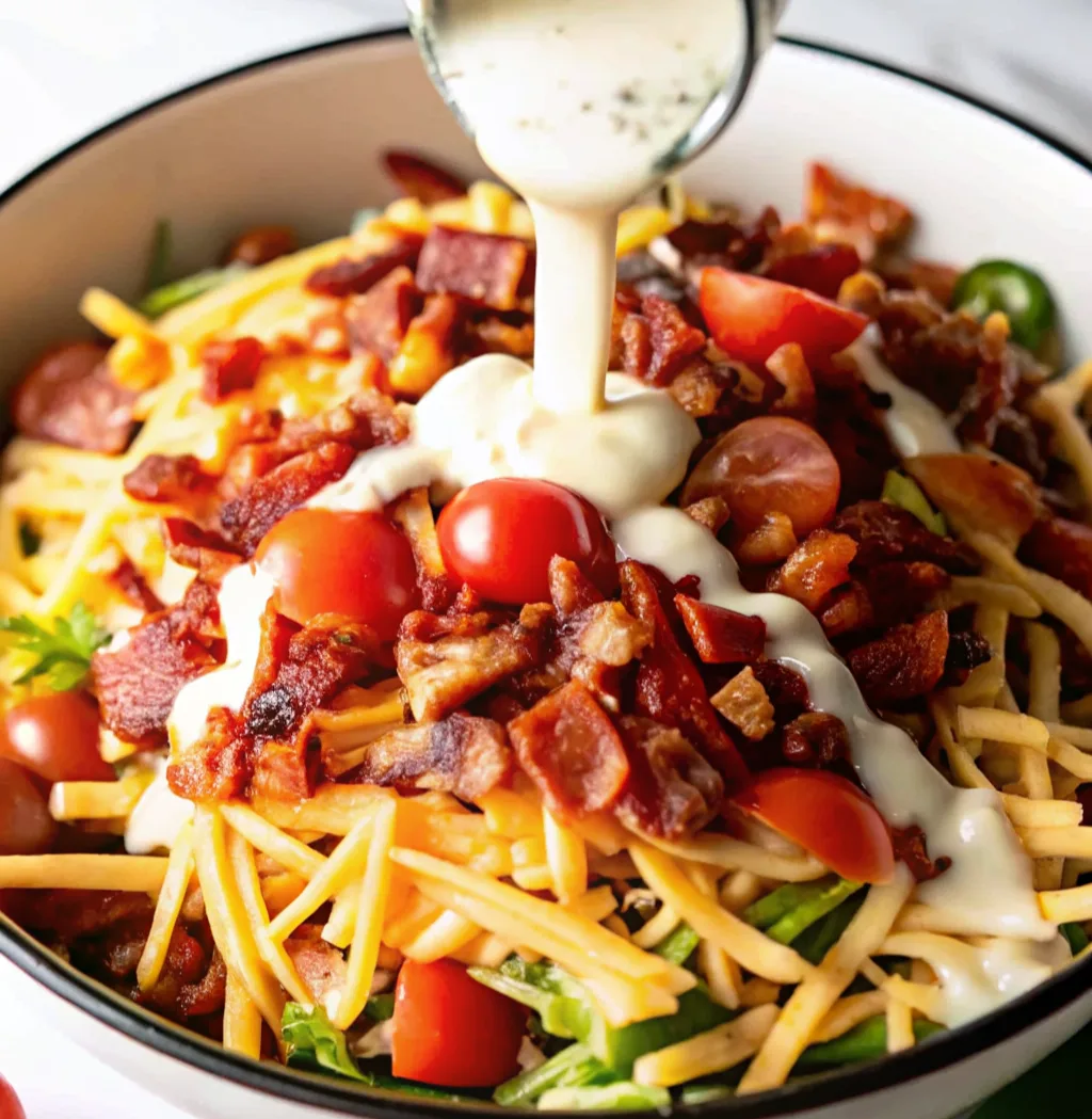 Creamy ranch dressing is poured over a vibrant pasta salad loaded with shredded cheddar cheese, crispy chopped bacon bits, bright red cherry tomatoes, and fresh green spinach in a white bowl.