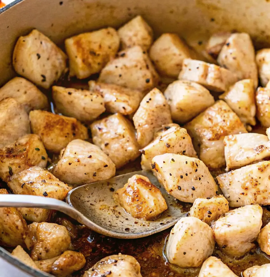 cubed chicken breast browning in a pan. The golden-brown pieces are flecked with black pepper