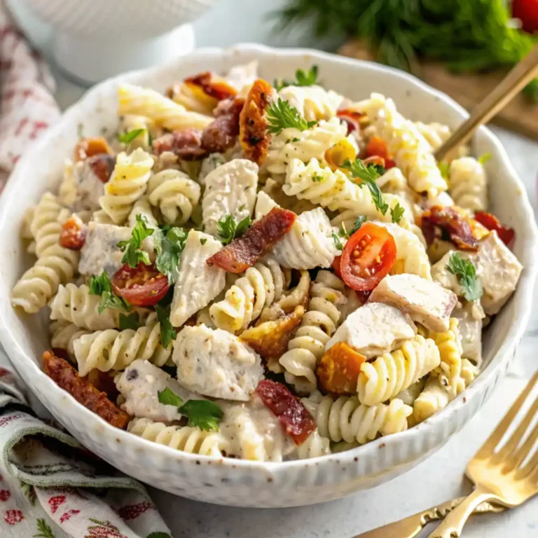 Mix vegetables, bacon and chicken with prepared ranch dressing in a serving dish for recipe Chicken Bacon Ranch Pasta Salad