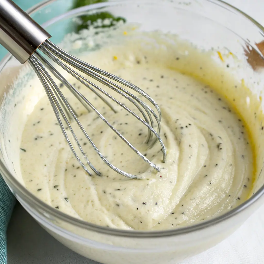Whisk together the ranch dressing, mayonnaise and lemon juice for recipe Chicken Bacon Ranch Pasta Salad