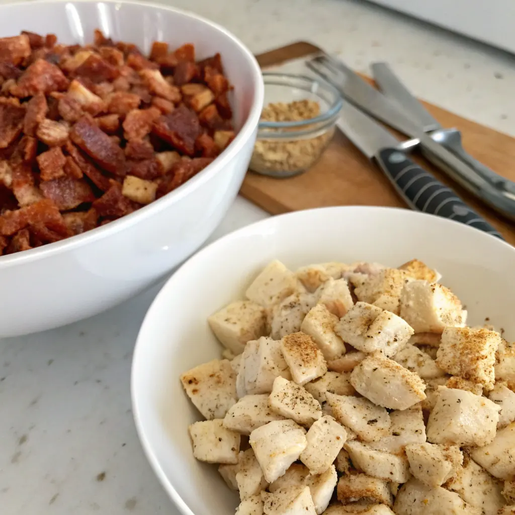 Two containers with bacon and chicken for a recipe Chicken Bacon Ranch Pasta Salad