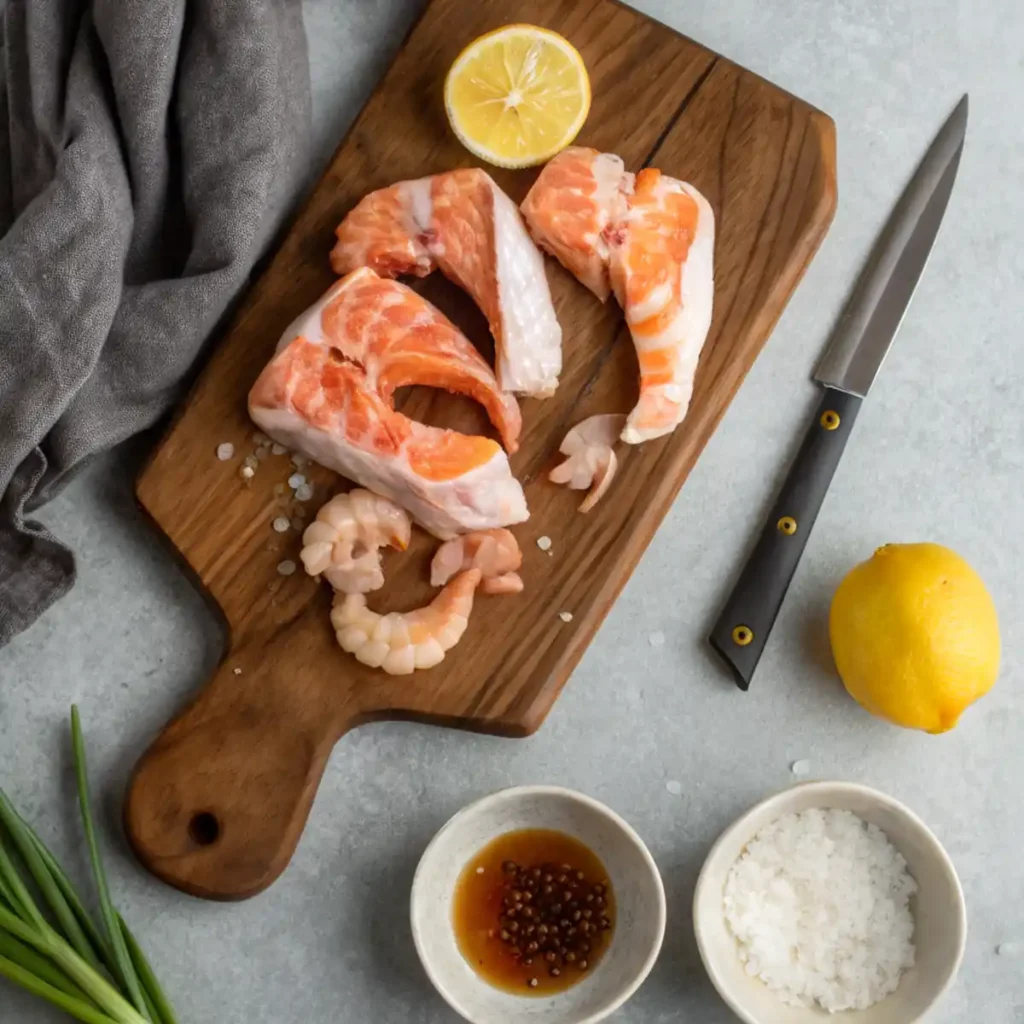 Ingredients for salmon kama: salmon collars, lemon, salt, ginger, soy sauce, and scallions on a cutting board.