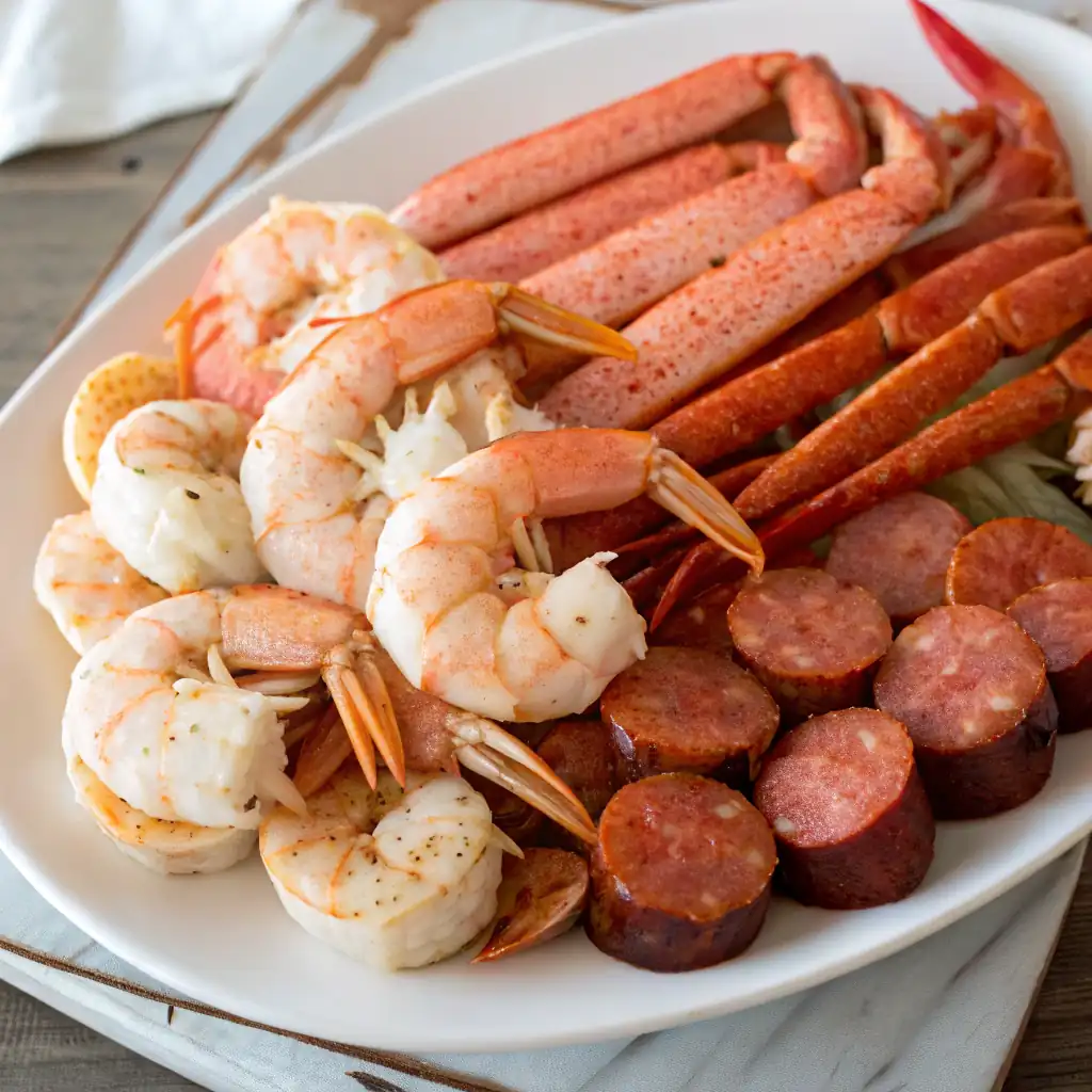 A platter featuring large shrimp, snow crab legs, and sliced andouille sausage, essential for a seafood boil.