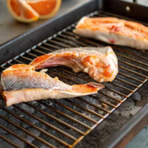 Salmon Kama collars cooking skin-side down on a grill rack, with a hint of citrus in the background.