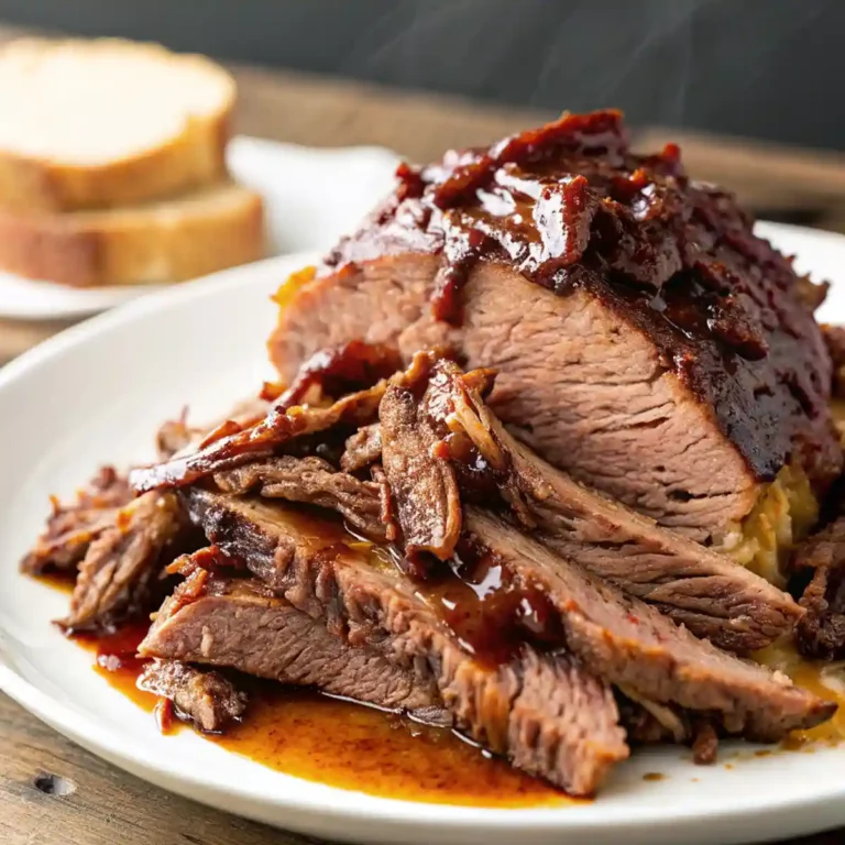 A white plate with pieces of smoked meat filled with juice. This is the result. How to Reheat Beef Brisket