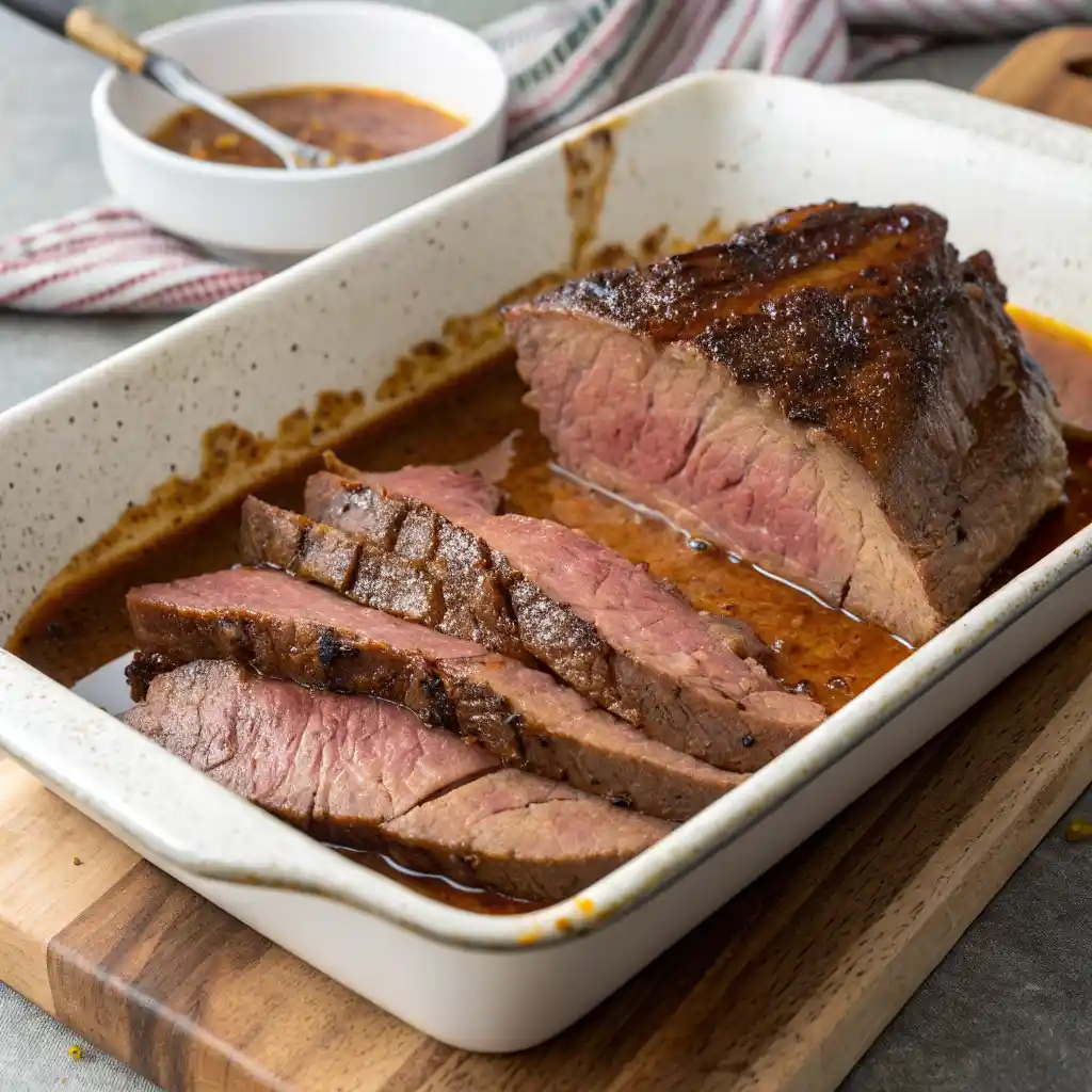 The remaining smoked meat is sliced and placed in a flat baking dish with the meat broth, not on top of it, with a little apple juice added to the broth.