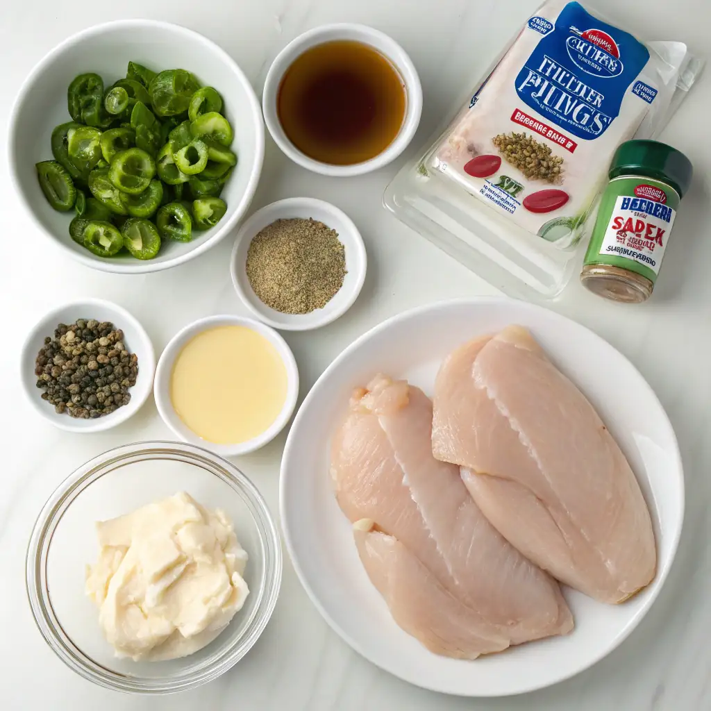 Ingredients for Mississippi chicken, including chicken breasts, pepperoncini, ranch and au jus mixes, butter, and chicken broth.