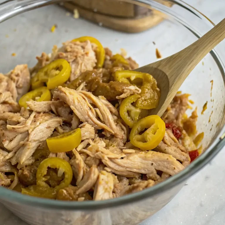 Shredded Mississippi chicken Instant Pot with pepperoncini in a clear glass bowl, with a wooden spoon.