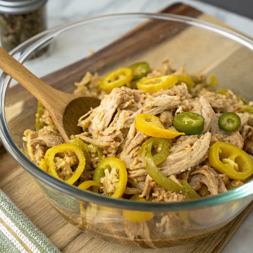 Shredded Mississippi chicken Instant Pot with pepperoncini in a clear glass bowl, with a wooden spoon.