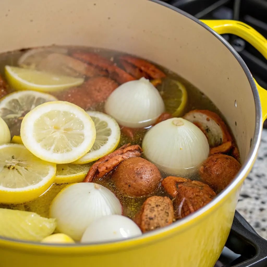 A yellow stockpot filled with boiling, seasoned water, containing onions, lemon slices, red potatoes, and sliced sausage for a Cajun boil.