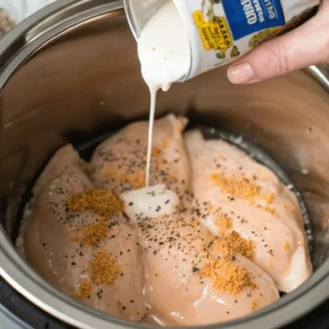Chicken breasts seasoned with ranch and au jus packets, with chicken broth being poured in an Instant Pot.