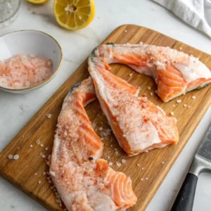 Raw salmon Kama seasoned with coarse sea salt on a wooden cutting board, with lemons and a bowl of salt nearby.
