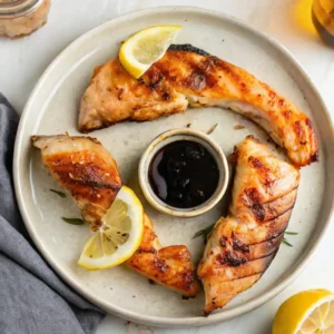 Broiled salmon Kama collars on a plate with lemon wedges and a small bowl of dark dipping sauce.