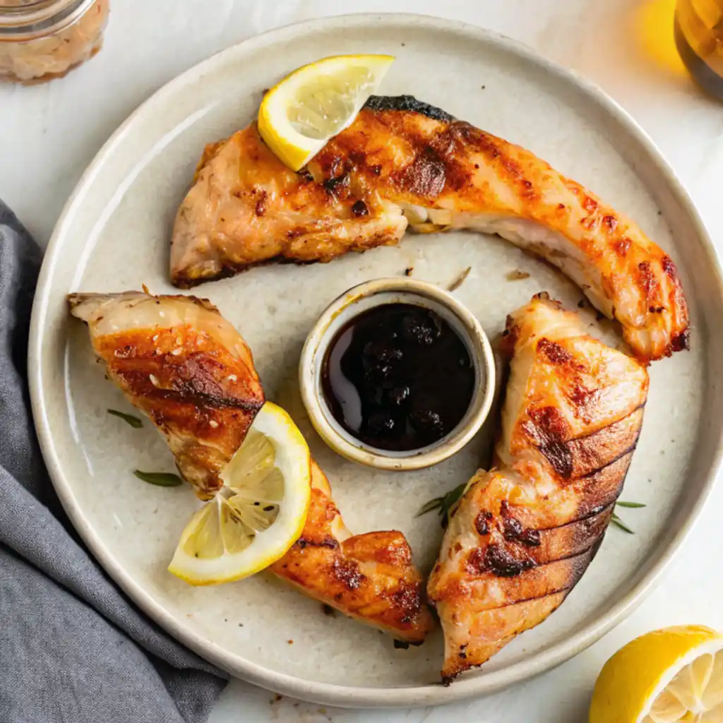 Broiled salmon Kama collars on a plate with lemon wedges and a small bowl of dark dipping sauce.