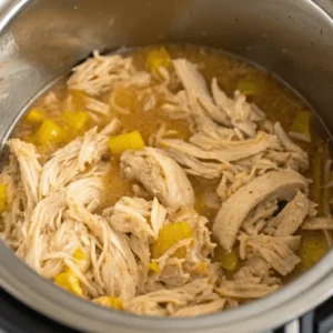 Shredded Mississippi chicken in an Instant Pot, soaking in the flavorful sauce.