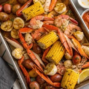 A close-up of a steaming, vibrant Cajun seafood boil overflowing with crab legs, shrimp, corn, and potatoes on a serving tray.