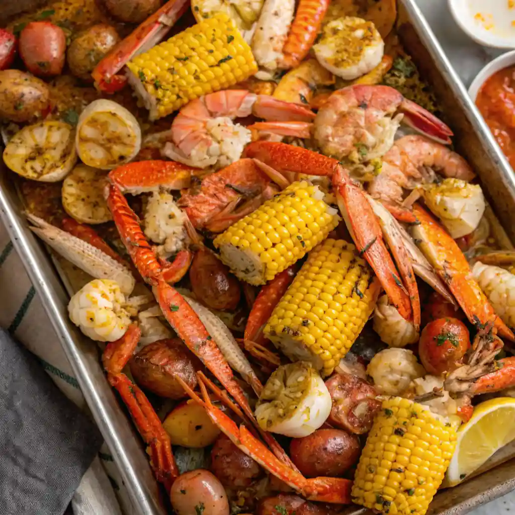 A close-up of a steaming, vibrant Cajun seafood boil overflowing with crab legs, shrimp, corn, and potatoes on a serving tray.