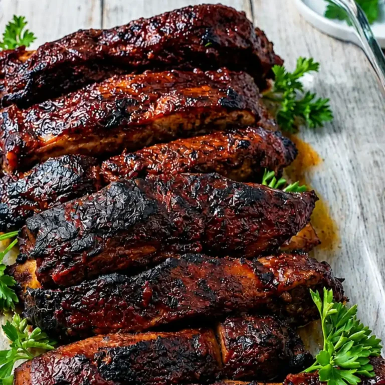 Tender, glazed, boneless beef country style ribs with caramelized barbecue sauce, arranged in a glass baking dish and garnished with sprigs of fresh green parsley