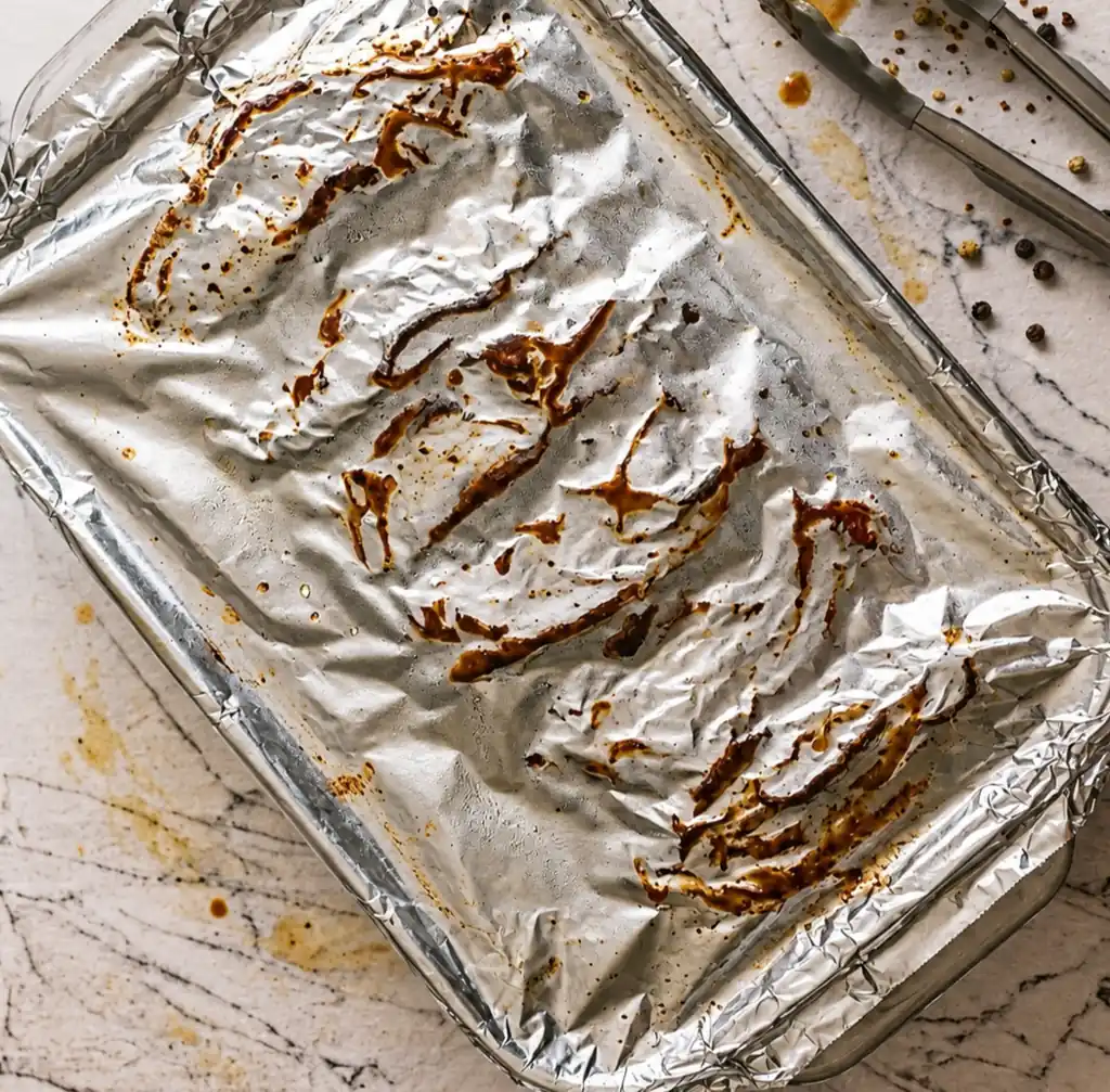 Oven-baked beef country-style ribs tightly wrapped in aluminum foil inside a glass baking dish, resting on a light marble