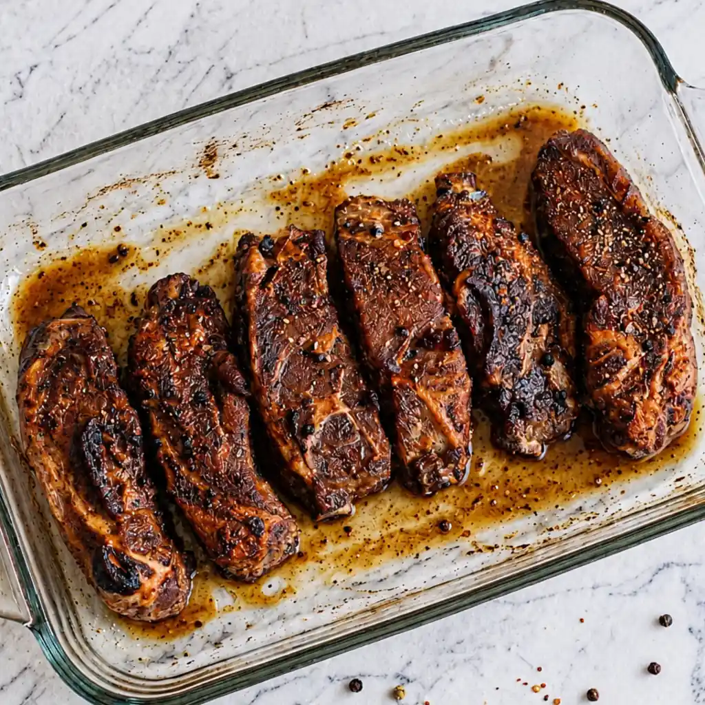 Marinated beef ribs cooked country-style, covered in a delicious cooking broth in a glass baking dish, set on a white marble surface