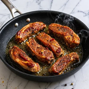 Raw, seasoned beef country-style ribs searing in hot oil inside a black skillet on a marble countertop, with visible steam and smoke rising as they brown.