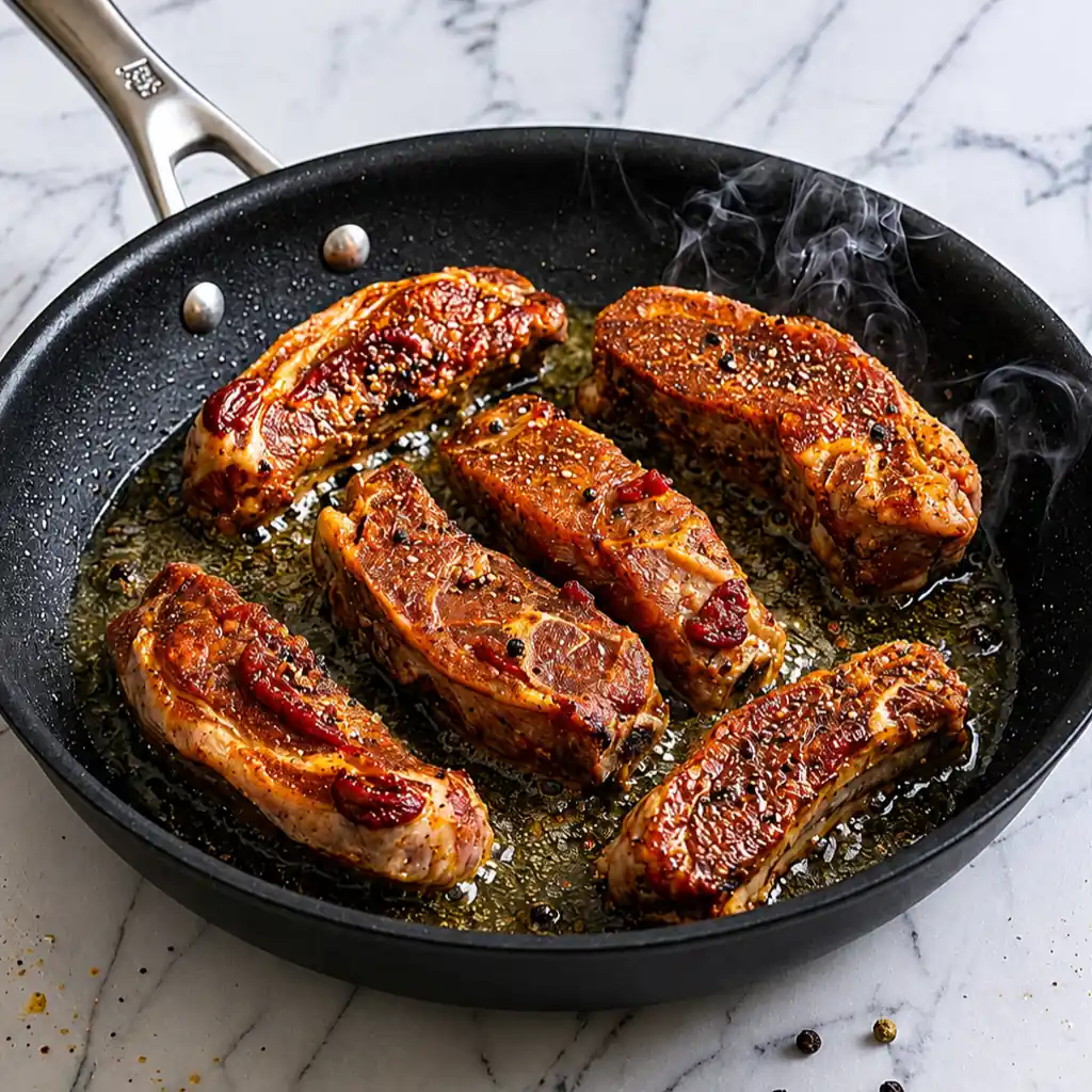 Raw, seasoned beef country-style ribs searing in hot oil inside a black skillet on a marble countertop, with visible steam and smoke rising as they brown.