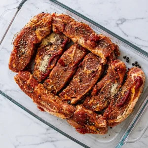 Raw beef ribs with marbled fat, generously seasoned with ground black pepper and spices, neatly arranged in a clear glass dish placed on a light-colored marble countertop.
