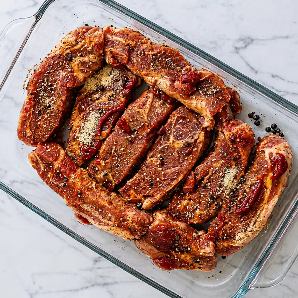 Raw beef ribs with marbled fat, generously seasoned with ground black pepper and spices, neatly arranged in a clear glass dish placed on a light-colored marble countertop.