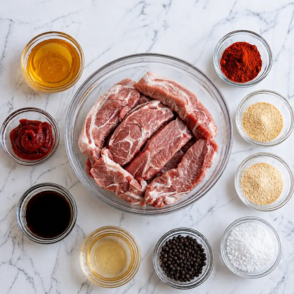 ingredient showing raw beef country style ribs in a glass bowl surrounded by small bowls of honey, tomato paste, Worcestershire sauce, spices, black peppercorns, and coarse salt.