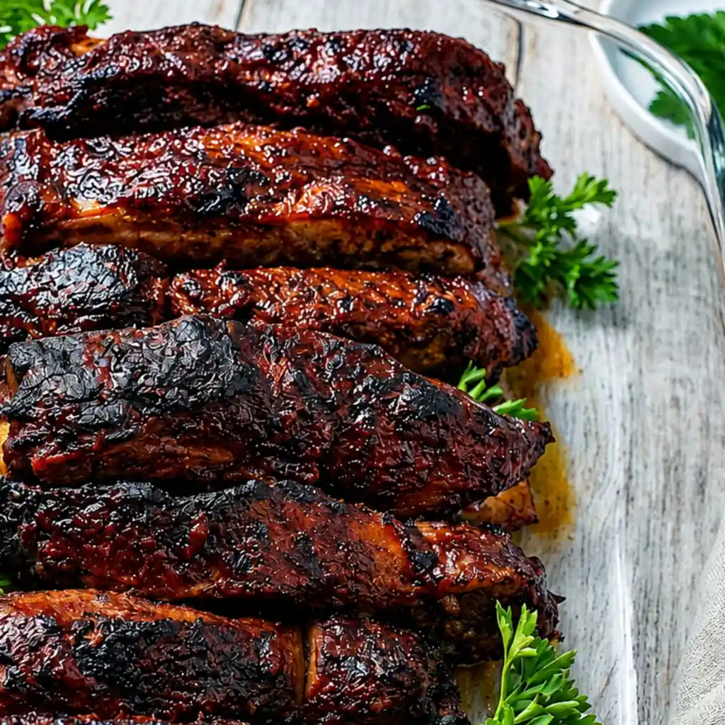 Tender, glazed, boneless beef country style ribs with caramelized barbecue sauce, arranged in a glass baking dish and garnished with sprigs of fresh green parsley
