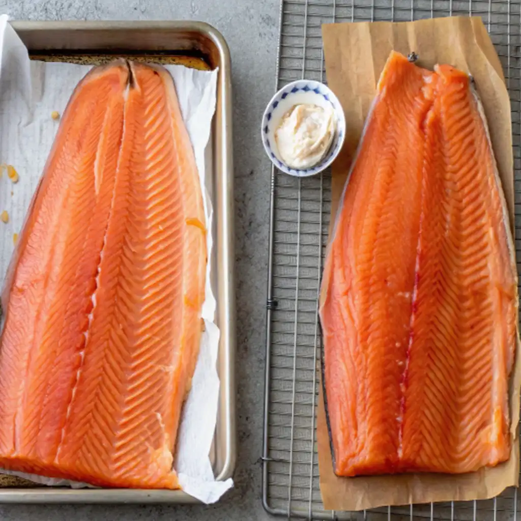 Two bright orange-pink salmon fillets, arranged side by side. One fillet lies on a baking sheet lined with parchment paper. The other rests on a wire rack over a piece of brown paper. A small bowl of a white, creamy sauce is between them.