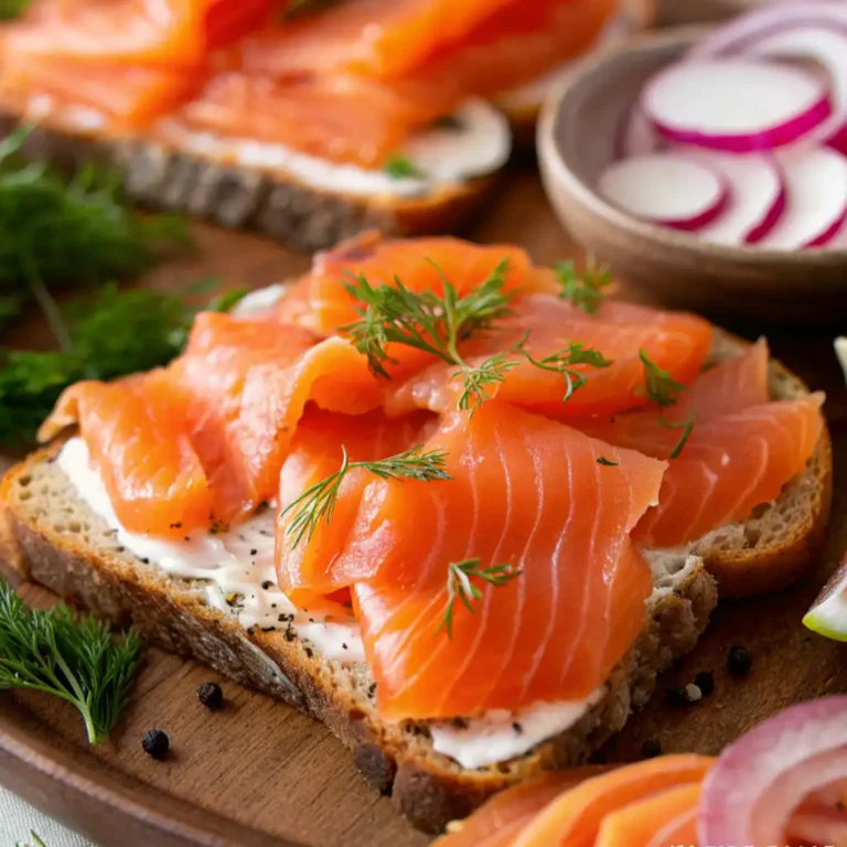 A close-up shot of a gourmet open-faced sandwich, or tartine, featuring thin slices of cold smoked salmon on a piece of dark rye bread spread with cream cheese. It is garnished with fresh dill fronds and black pepper. Slices of red onion and radishes are visible in the background.