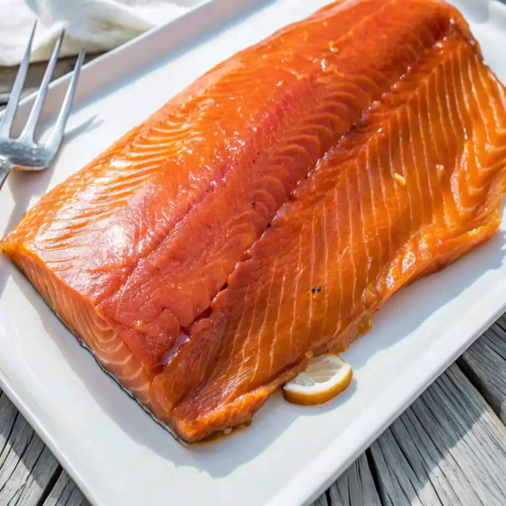 A glossy, whole cold-smoked salmon fillet is presented on a white rectangular platter. Its rich orange color and delicate texture are prominent. A small slice of lemon and a metal serving fork rest alongside the fish. The platter is on a weathered wooden surface.