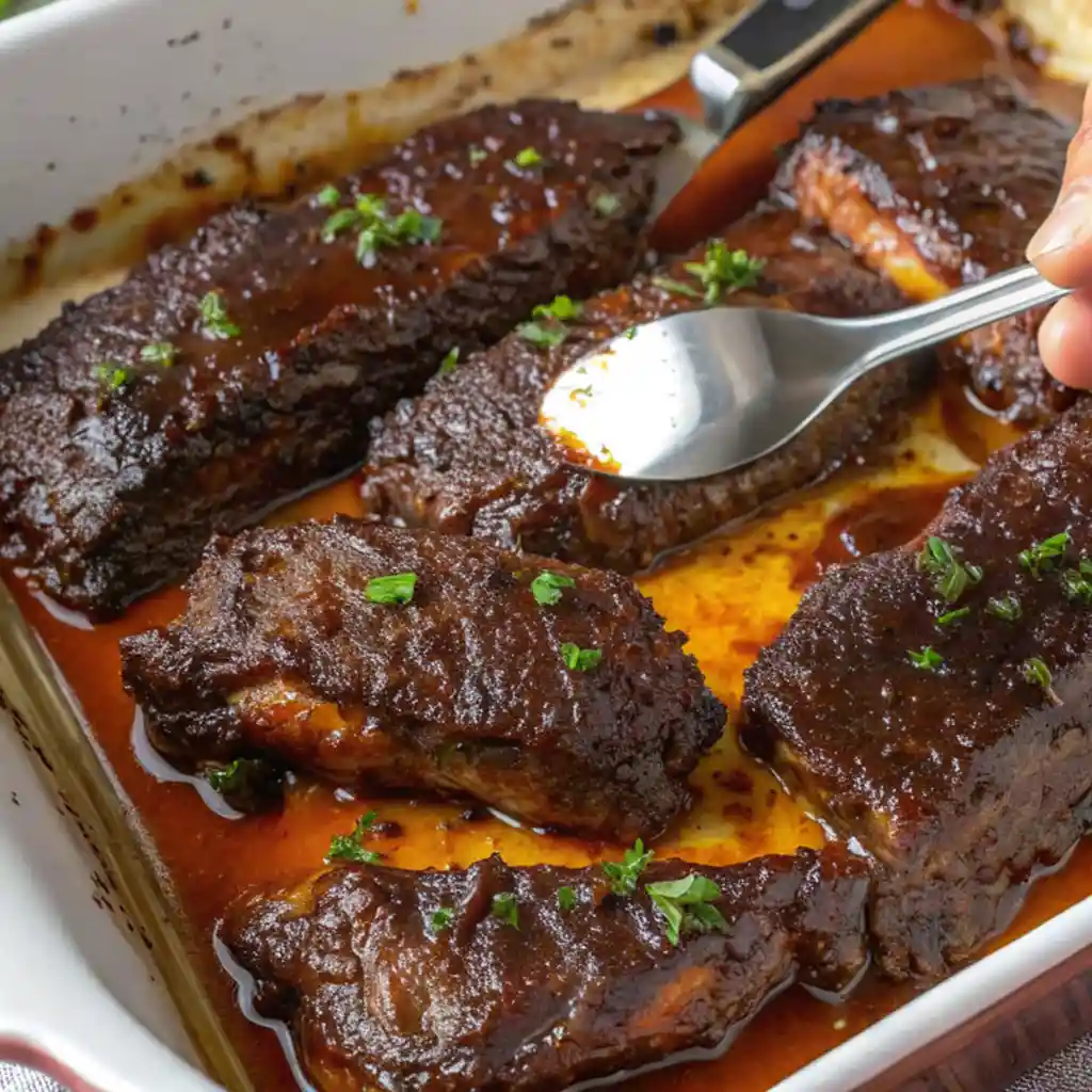 Country style beef ribs in a baking tray, ready to serve after coming out of the oven, cooked and caramelized.
