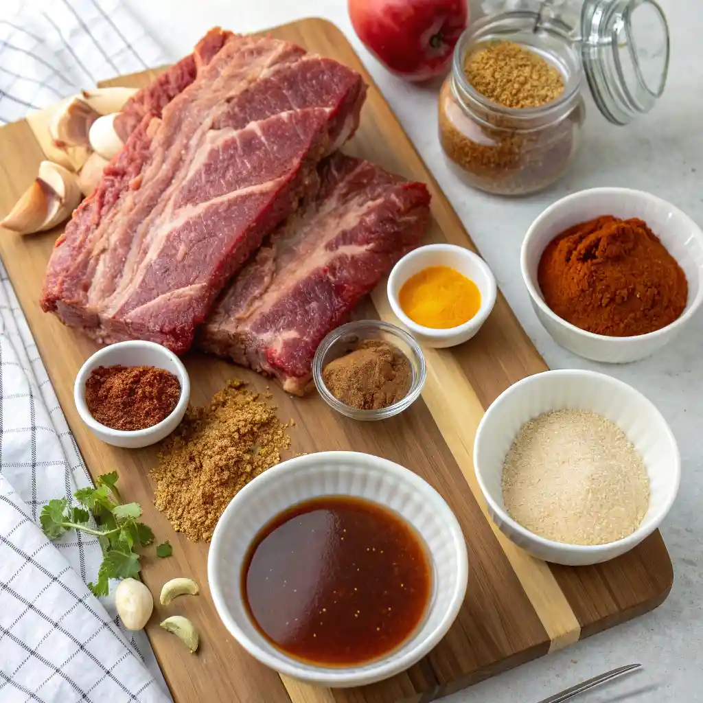 The basic ingredients for the recipe beef country style ribs Arranged on a wooden surface