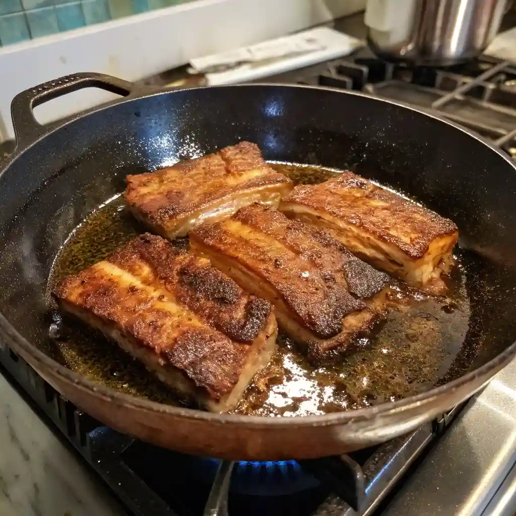 Cast iron skillet over low heat with beef country style ribs fried in oil