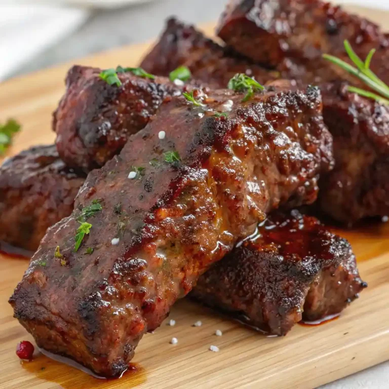 Country style beef ribs, ready to serve, cooked and caramelized with a light sprinkling of parsley.