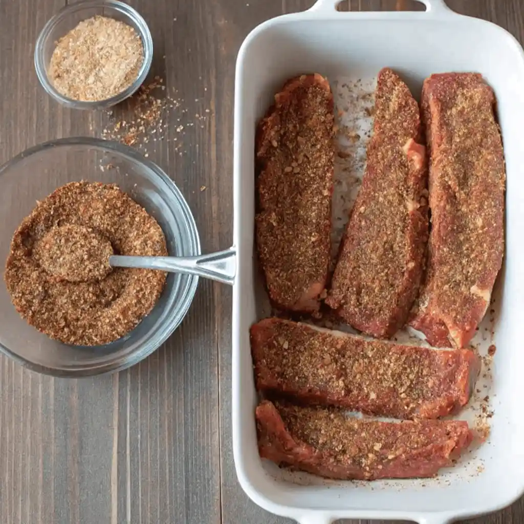 Country style beef ribs, inside a baking tray, well seasoned and ready to go in the oven.
