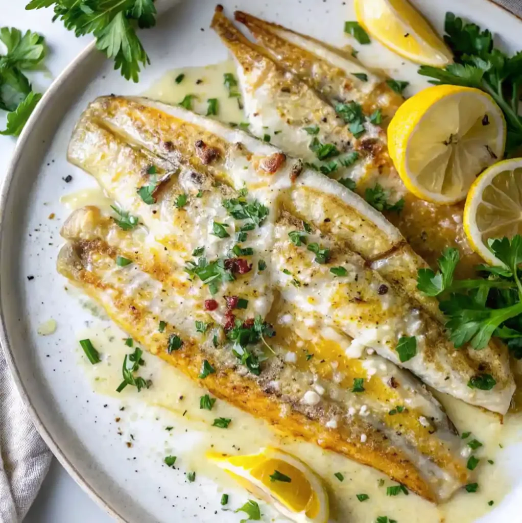 Two golden-brown pan-seared branzino fillets are served on a plate, drizzled with a creamy lemon-butter sauce. The dish is garnished with chopped parsley, cracked pepper, and fresh lemon wedges.