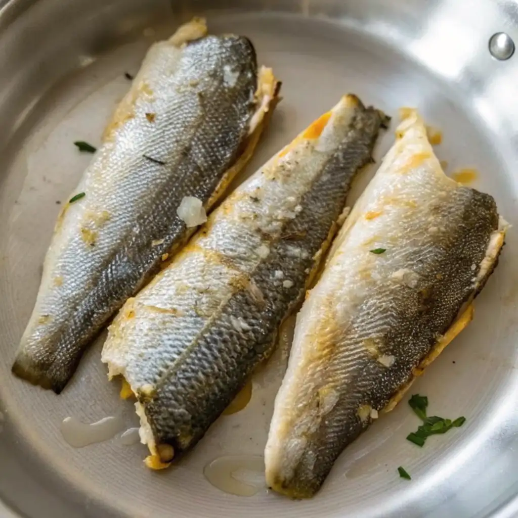 Three branzino fillets with the skin on are arranged in a silver frying pan. They appear to be pan-seared or baked, drizzled with oil, and lightly seasoned with herbs or garlic.
