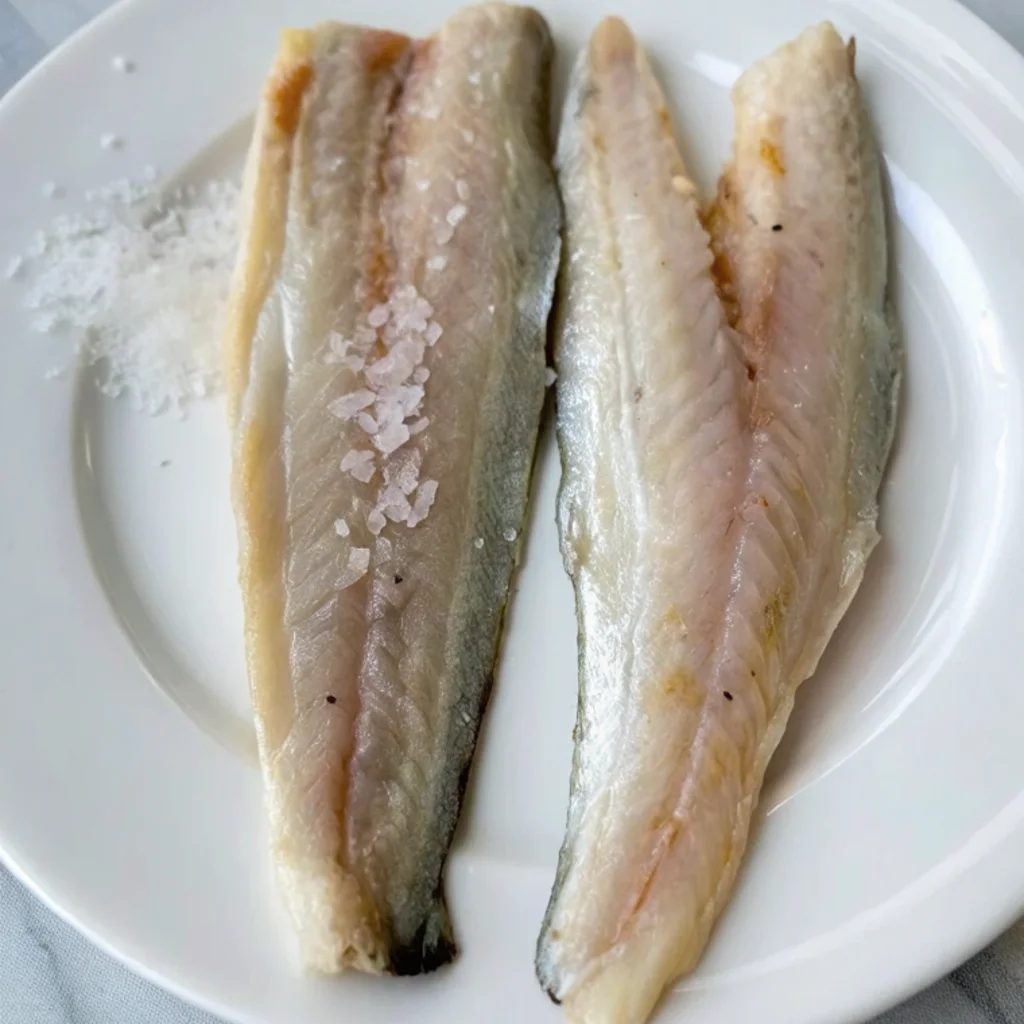 A close-up of two raw branzino fillets lying skin-side down on a white plate. The fillet on the left is sprinkled with coarse salt flakes, ready for cooking.