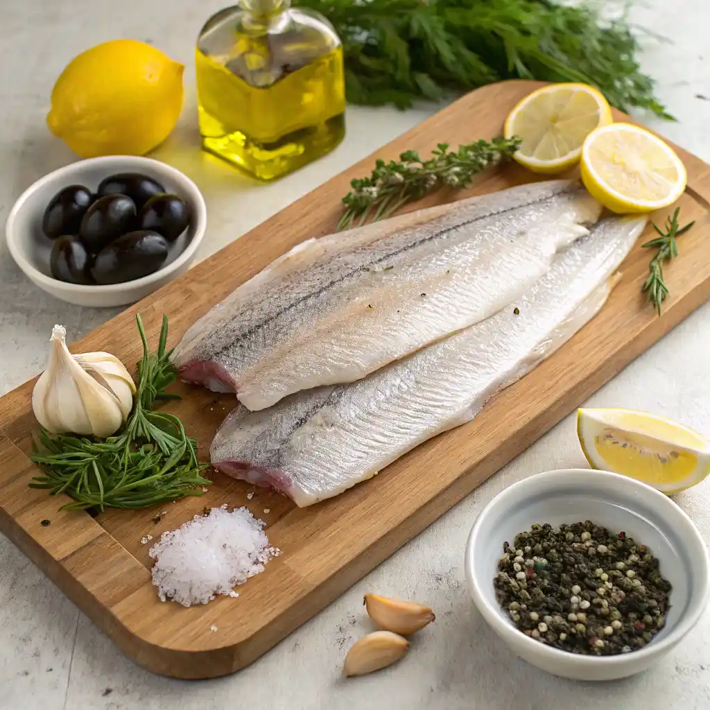 Two raw branzino fillets are laid on a wooden cutting board, surrounded by ingredients for preparation: lemon, olive oil, black olives, garlic, rosemary, coarse salt, thyme, dill, and mixed peppercorns.