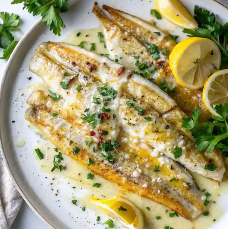 Two golden-brown pan-seared branzino fillets are served on a plate, drizzled with a creamy lemon-butter sauce. The dish is garnished with chopped parsley, cracked pepper, and fresh lemon wedges.