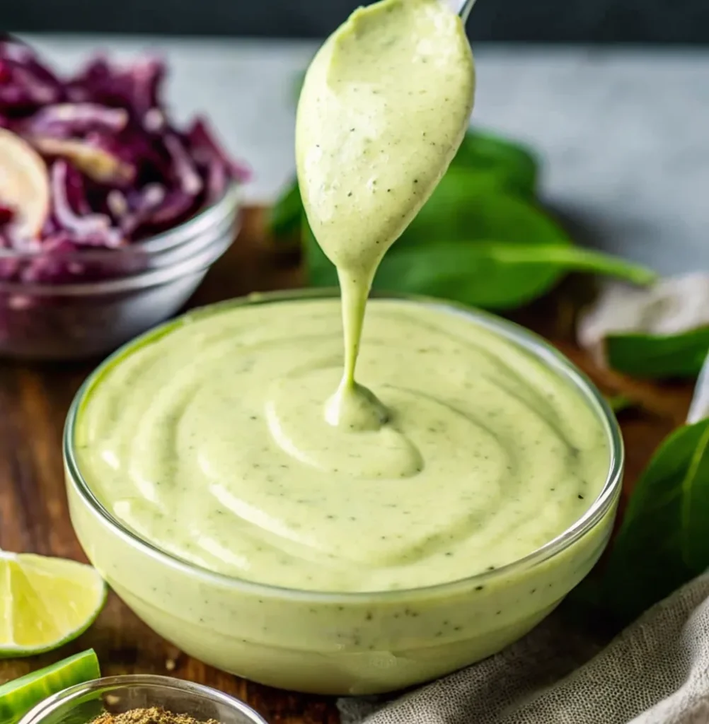 A spoon drips thick, creamy Avocado Ranch Dressing back into a clear glass bowl, showcasing the vibrant pale green color.