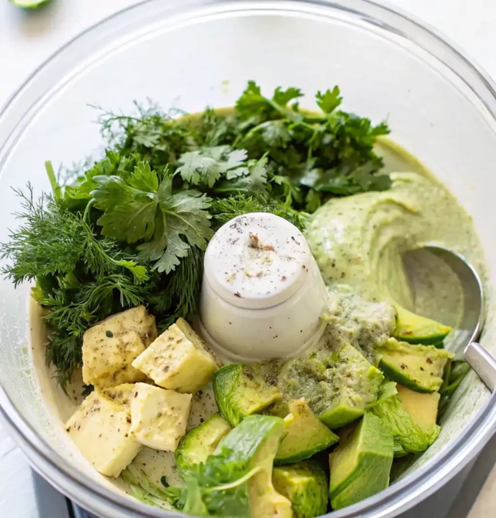 An overhead view inside a blender containing the ingredients for avocado ranch dressing: pieces of green avocado, yogurt, and a large handful of fresh dill and cilantro/parsley.