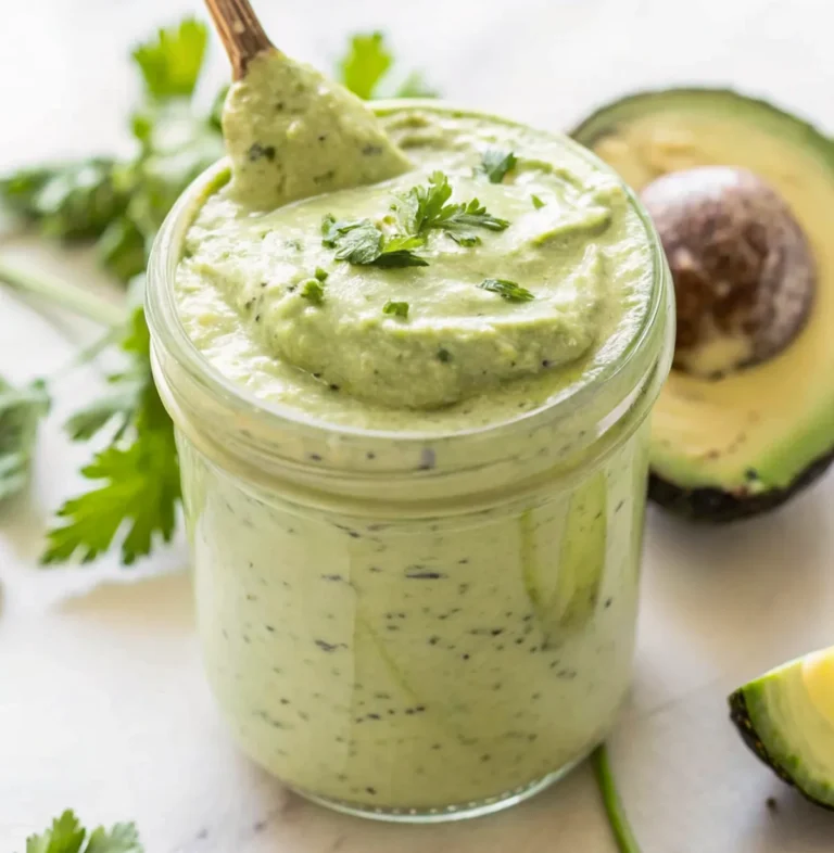 A thick, vibrant pale green Avocado Ranch Dressing is shown in a glass mason jar, topped with a dollop on a wooden spoon and a sprinkle of chopped parsley or cilantro.