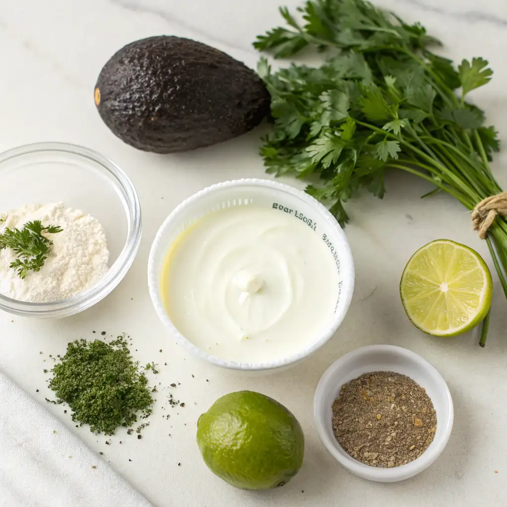 An overhead flat lay of ingredients for Avocado Ranch Dressing on a white marble surface: a whole avocado, fresh parsley, a tub of sour cream or yogurt, half a lime, dry ranch seasoning, and pepper.